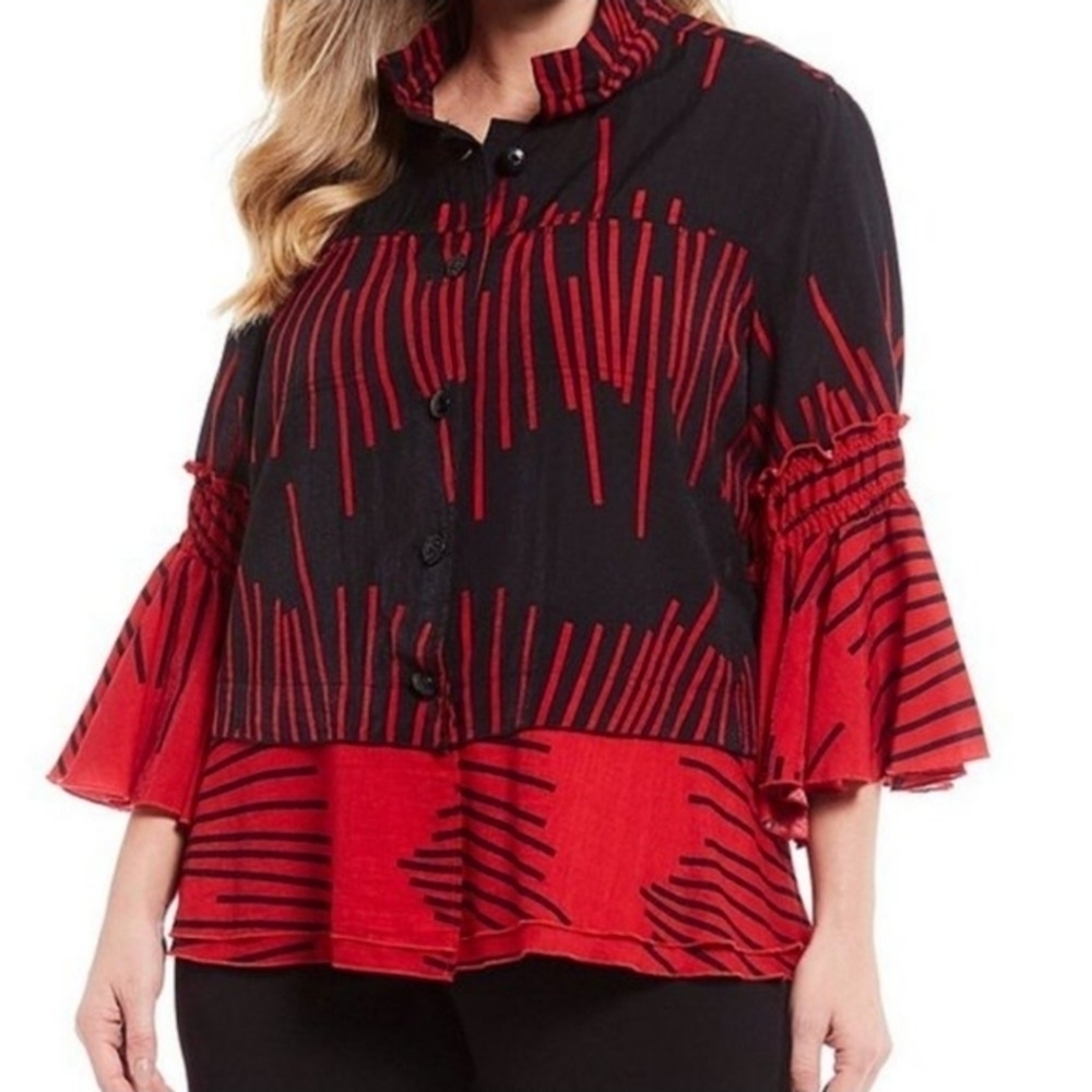 John Mark Bell Sleeve Ruffle Button Front Women's Blouse Size L